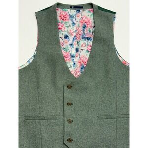 NWOT Harry Brown Heather Green Flannel Wool Blend Waistcoat Peony/Bird Liner 44R